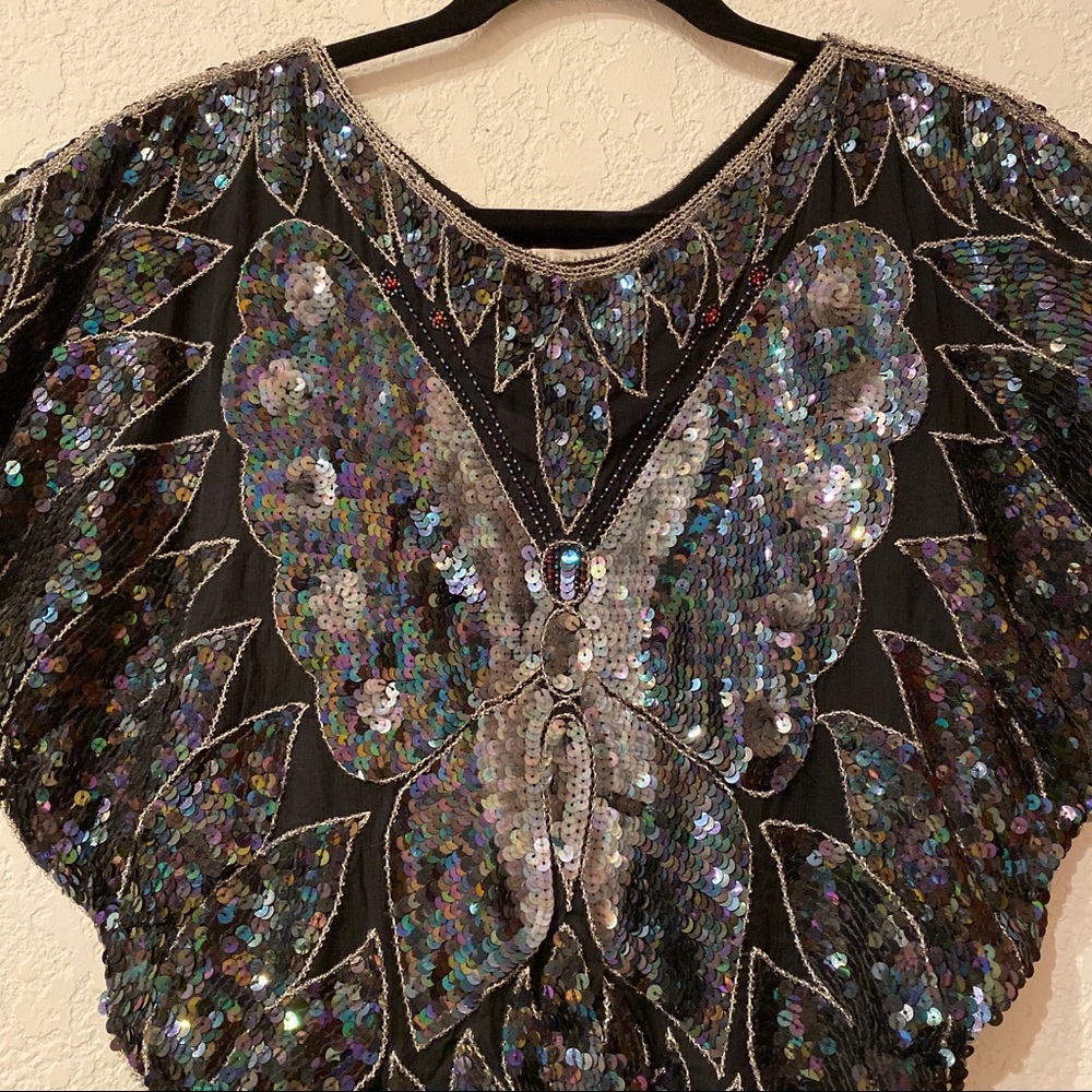 Vintage Butterfly Sequin 100% Silk Blouse Top